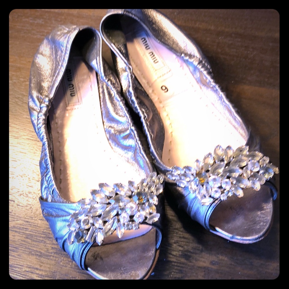 Miu Miu Silver Flats with Crystal Embellishments